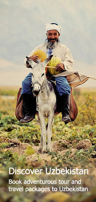 Uzbekistan Photos: Old Uzbek man with melons riding a donkey with a